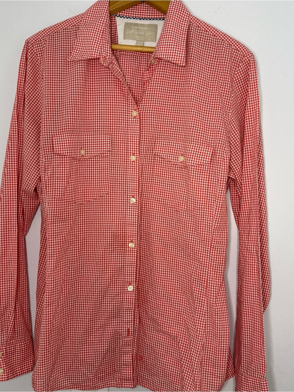 Banana Republic Red Gingham Button-Down Shirt Preppy Casual Summer Holiday